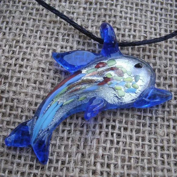 Murano Glass Blue Dolphin Pendant Necklace - Picture 3 of 15